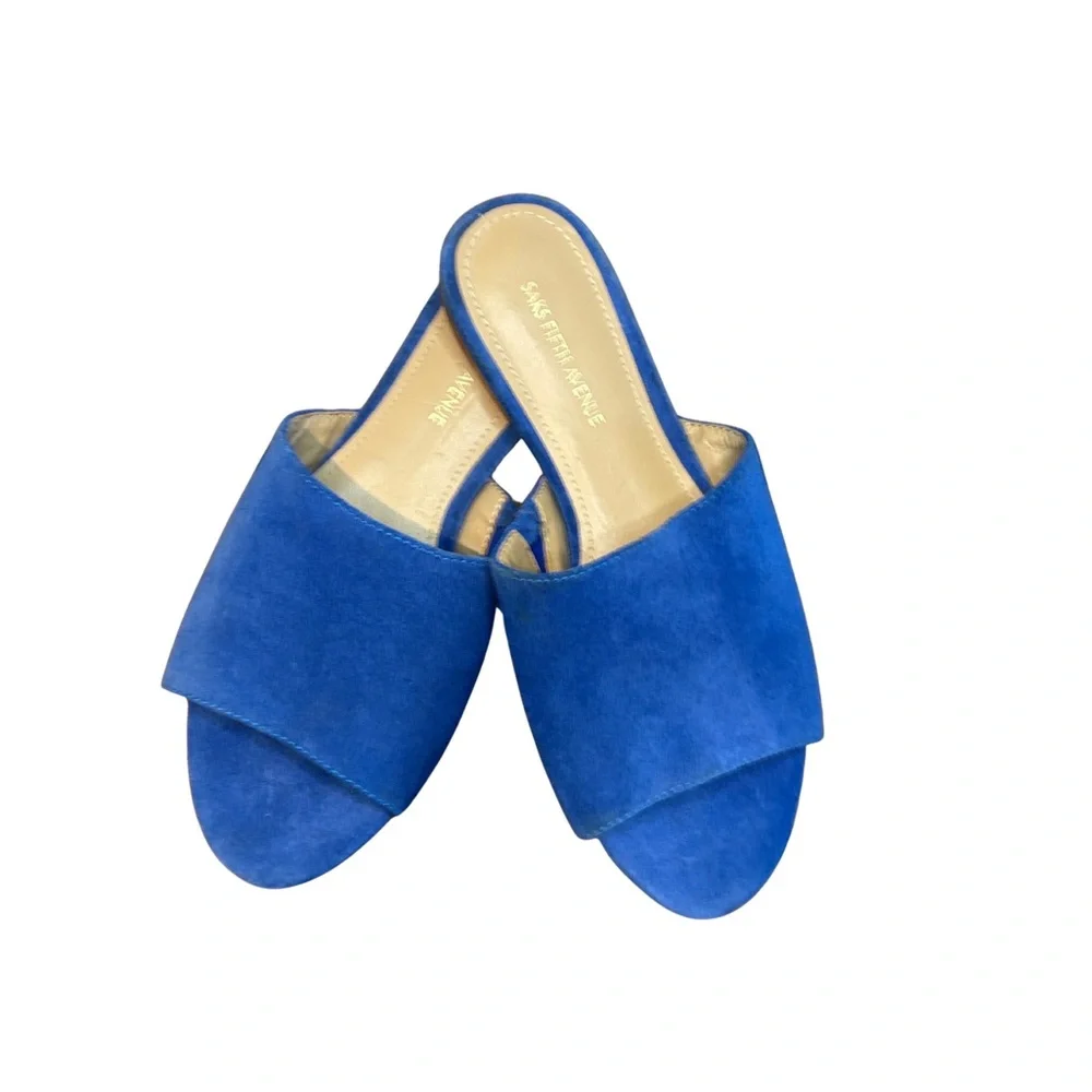 Saks Fifth Avenue Blue Suede Women's Slide Sandals - Picture 2 of 5